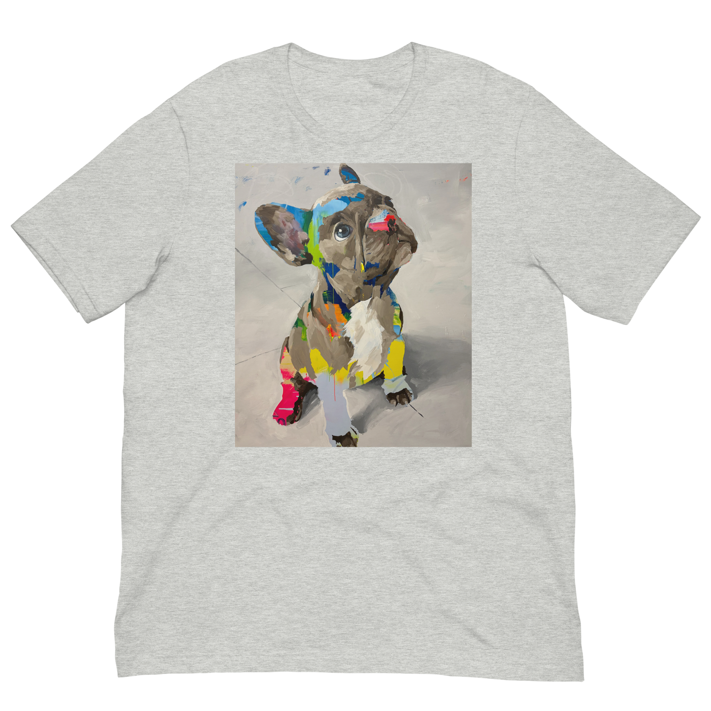 A heather gray short-sleeve crewneck t-shirt featuring a square graphic print of a colorful, abstractly painted French Bulldog on the front, displayed against a solid white background. Daniel Maltzman artist. 