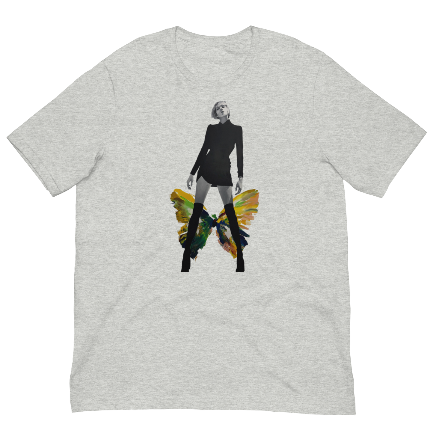 A light heather gray short-sleeve t-shirt with a graphic print of a woman in a black outfit and boots, with colorful butterfly wings in yellow, green, and orange. Daniel Maltzman artist.