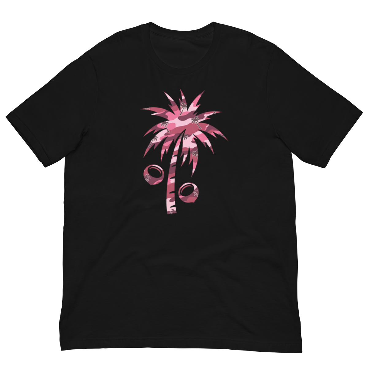 A black short-sleeve crewneck t-shirt featuring a stylized pink palm tree graphic made from coconut shells on the chest, displayed against a solid white background.
