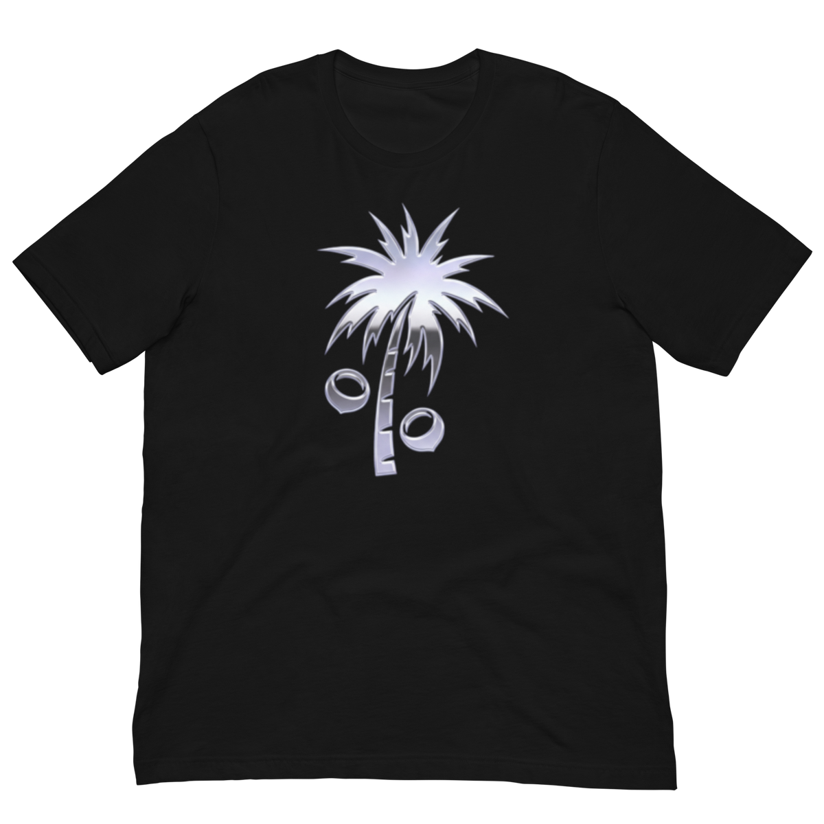 A black short-sleeve crewneck t-shirt featuring a stylized silver graphic of a palm tree with coconuts on the chest, displayed against a solid white background.