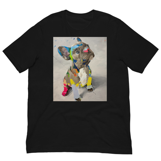 A black short-sleeve crewneck t-shirt featuring a square graphic print of a colorful, abstractly painted French Bulldog on the front, displayed against a solid white background. Daniel Maltzman artist. 