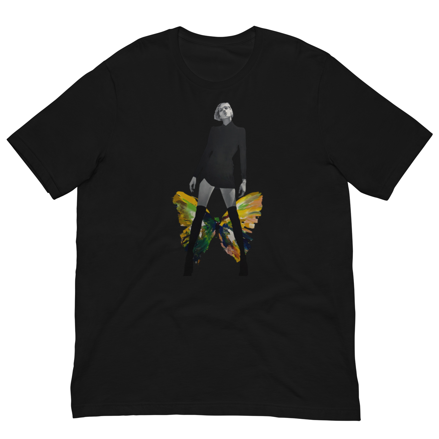 A black short-sleeve crewneck t-shirt featuring a graphic print of a woman's silhouette with a colorful butterfly wing design on the front, displayed against a solid white background. Daniel Maltzman artist.