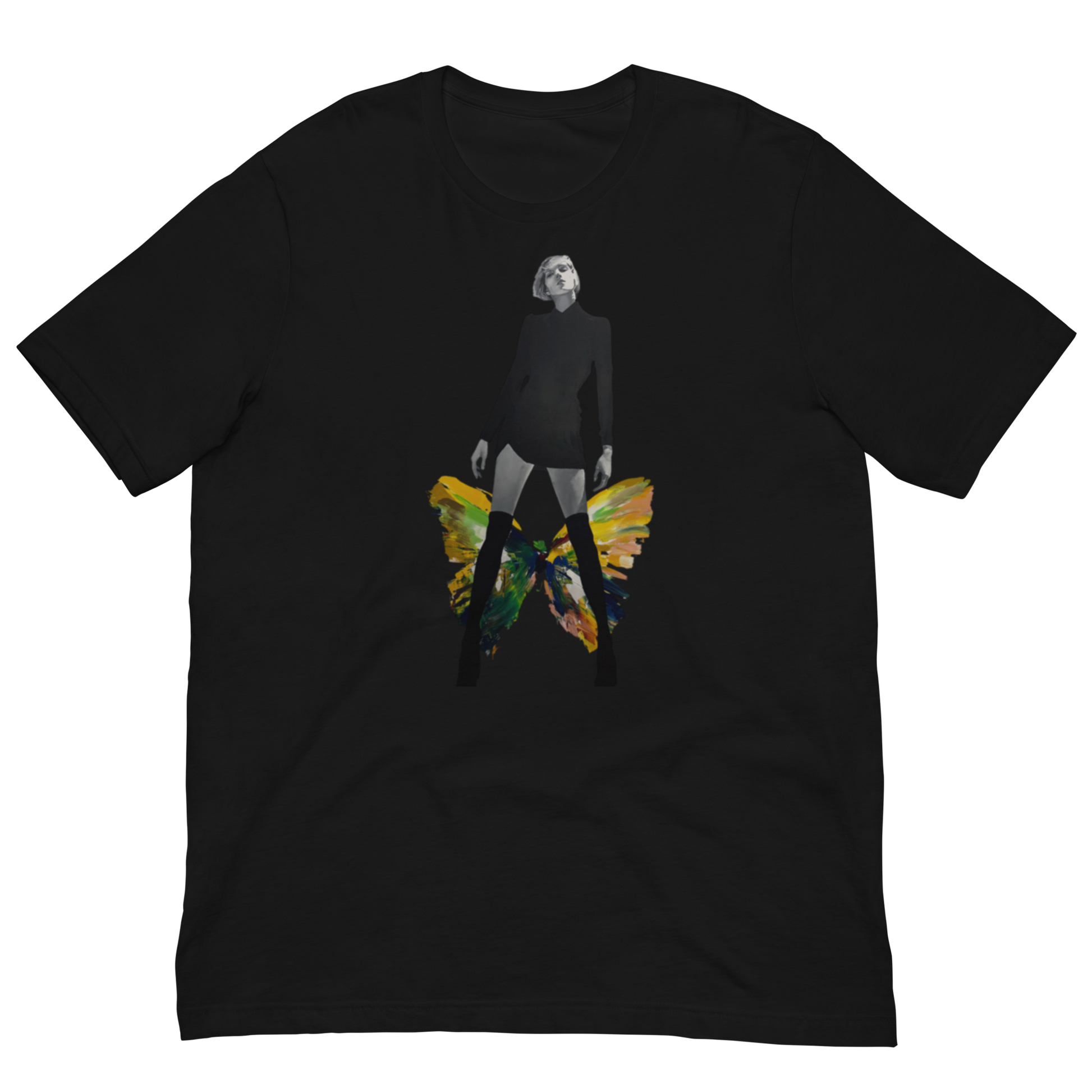 A black short-sleeve crewneck t-shirt featuring a graphic print of a woman's silhouette with a colorful butterfly wing design on the front, displayed against a solid white background. Daniel Maltzman artist.