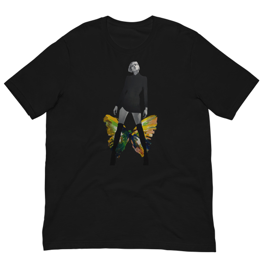 A black short-sleeve crewneck t-shirt featuring a graphic print of a woman's silhouette with a colorful butterfly wing design on the front, displayed against a solid white background. Daniel Maltzman artist.