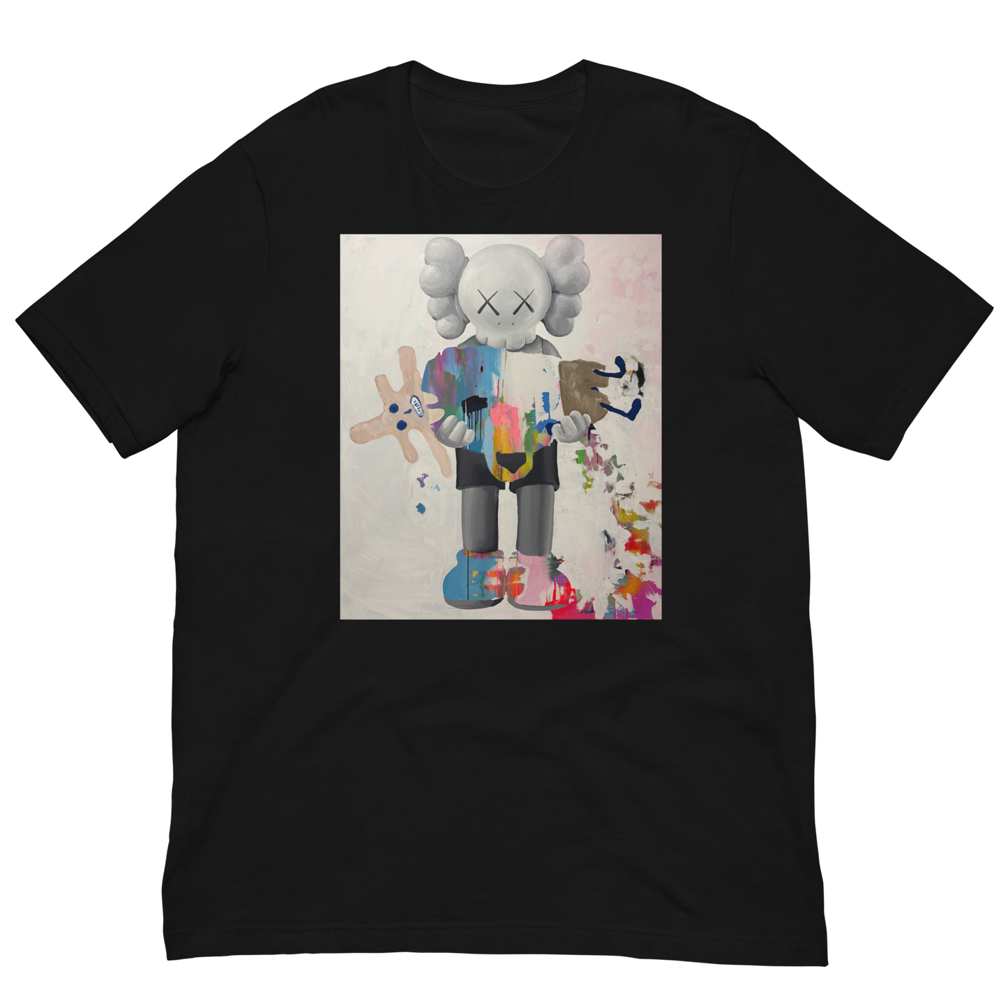 A black short-sleeve crewneck t-shirt featuring a large rectangular graphic print of a stylized cartoon character resembling KAWS, holding a pink bunny, on a plain white background. Daniel Maltzman artist. 