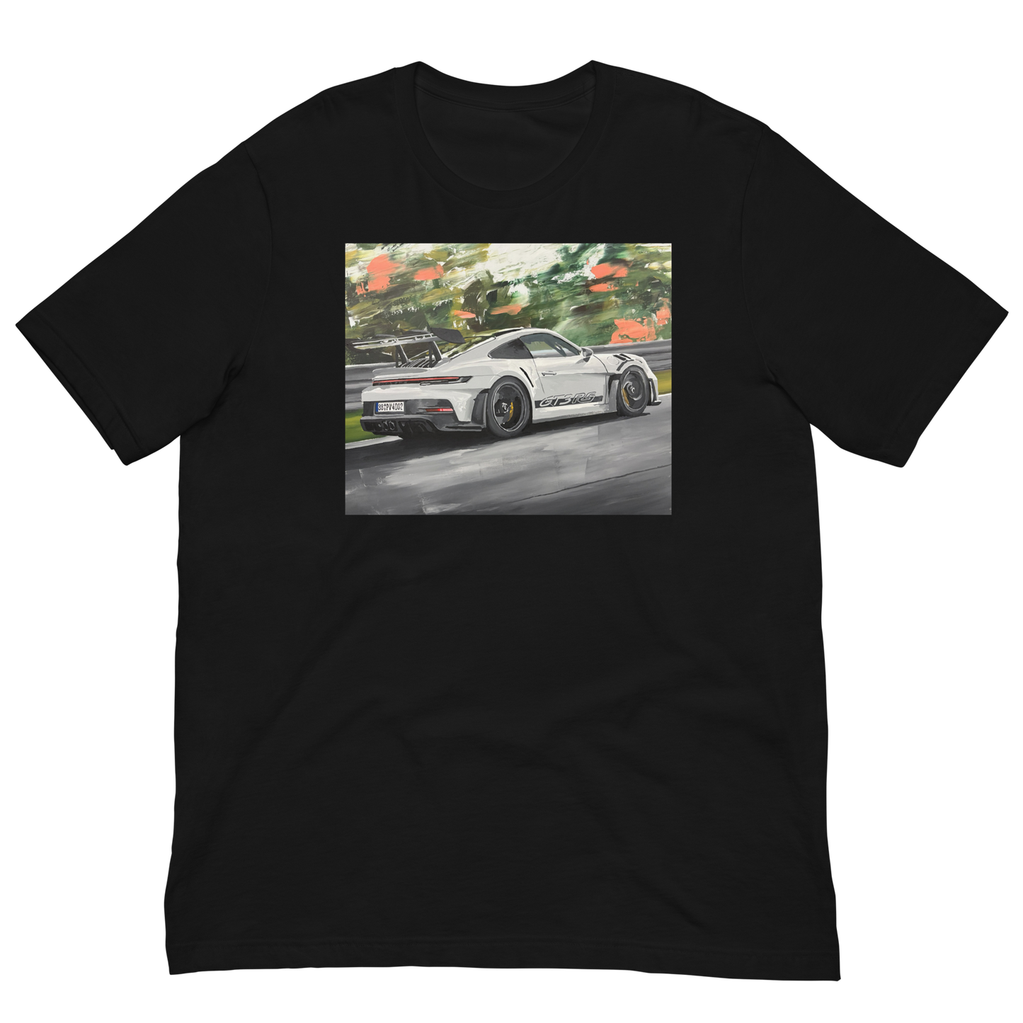 A black short-sleeve crewneck t-shirt featuring a rectangular graphic print on the chest of a white sports car depicted in a watercolor painting style on a racetrack. Daniel Maltzman original desgn.
