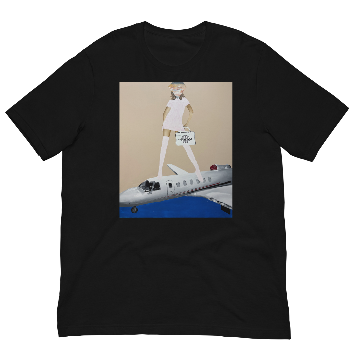 A black short-sleeve crewneck t-shirt featuring a rectangular graphic print on the front. The graphic shows a stylized illustration of a woman in a white dress and hat walking on top of a white and blue private jet against a beige background. Daniel Maltzman artist.