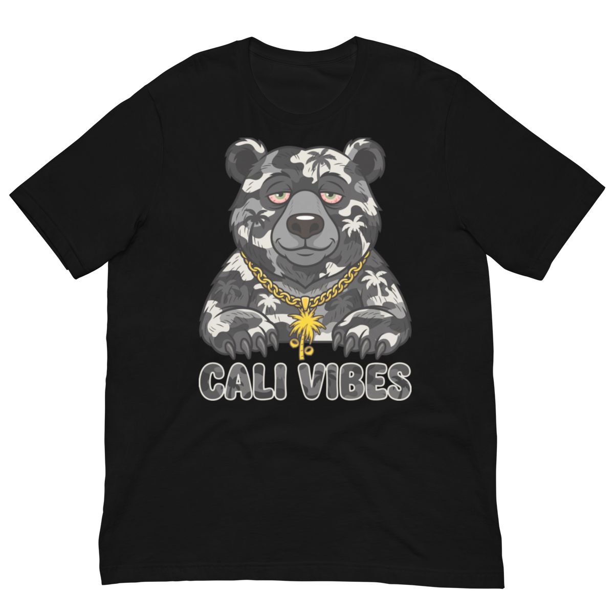 A black short-sleeve crewneck t-shirt featuring a graphic of a gray camo bear with a gold chain and the text 'CALI VIBES' printed below it.