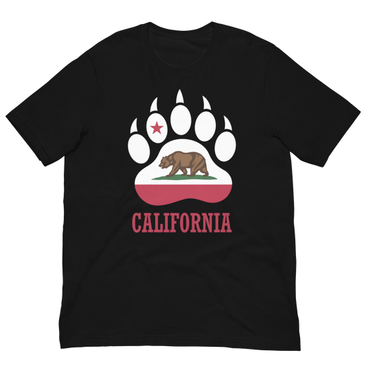 A black short-sleeve crewneck t-shirt featuring a California-themed graphic on the chest. The design shows a white bear paw print with a red star, a brown grizzly bear over a red, white, and green California flag motif, and the word 'CALIFORNIA' printed below in red.