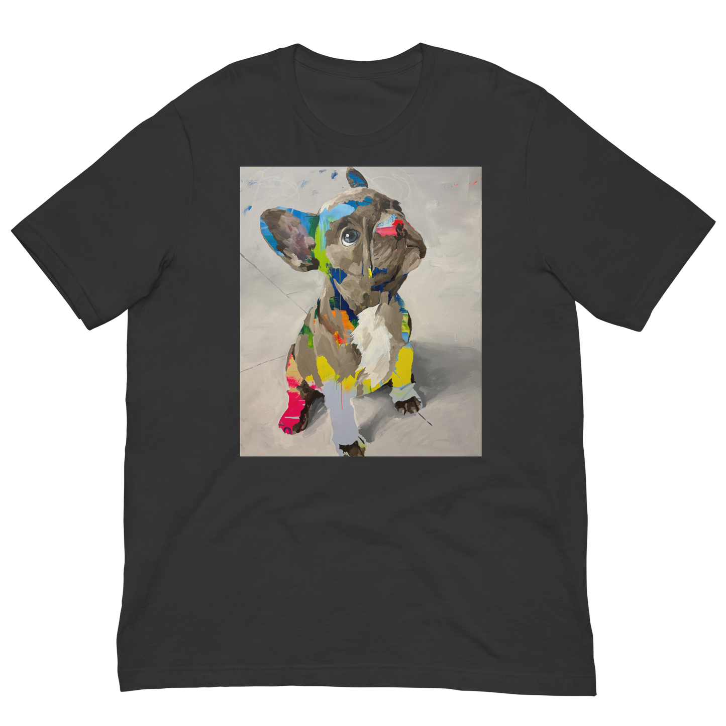 A dark grey short-sleeve crewneck t-shirt featuring a square graphic print of a colorful, abstractly painted French Bulldog on the front, displayed against a solid white background. Daniel Maltzman artist. 