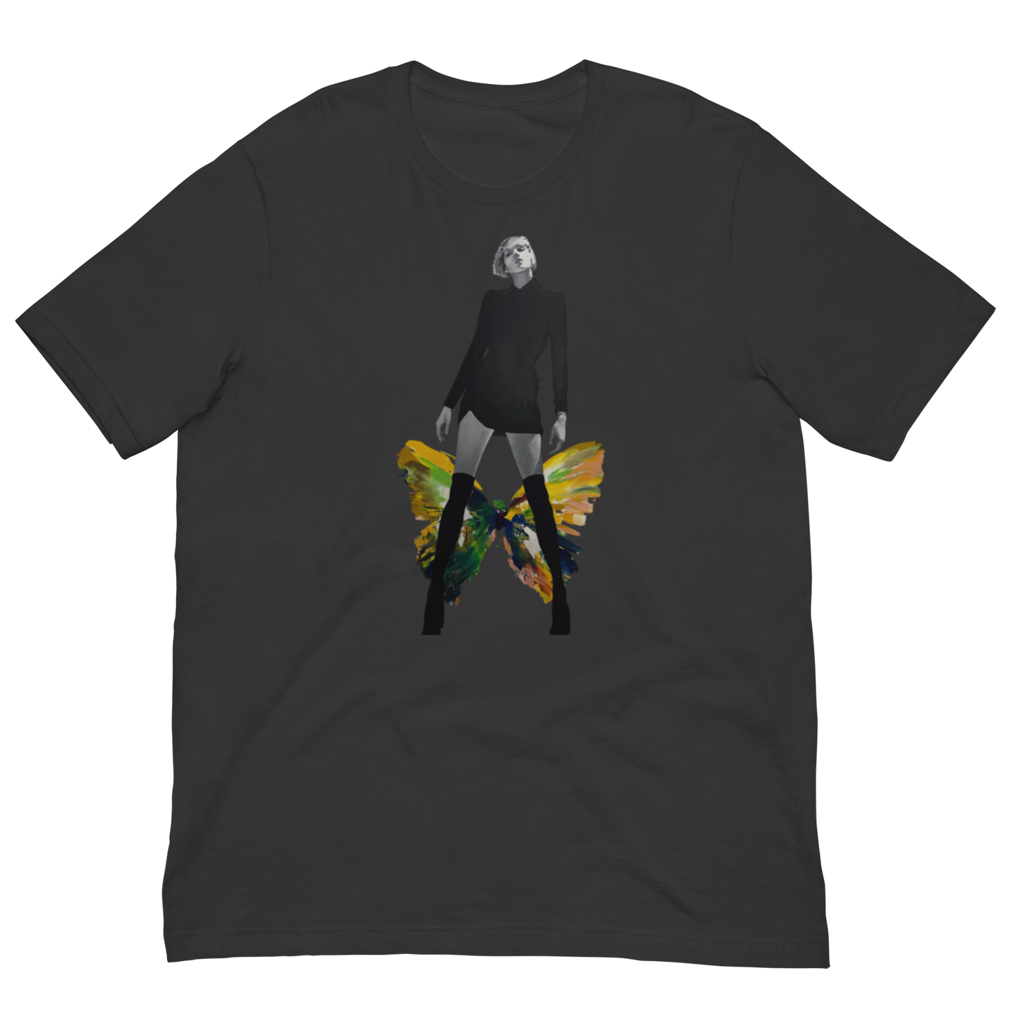 A dark charcoal gray short-sleeve t-shirt with a graphic print of a person wearing a black outfit and thigh-high black boots, with vibrant yellow, green, and blue butterfly wings behind them, shown on a plain white background. Daniel Maltzman artist.