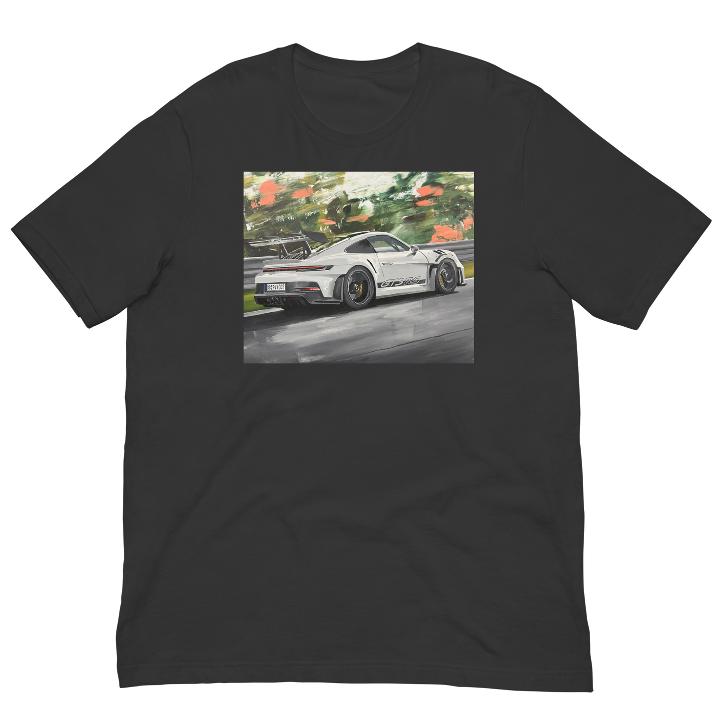 A black short-sleeve crewneck t-shirt featuring a rectangular graphic print on the chest of a white sports car depicted in a watercolor painting style. Daniel Maltzman original desgn.