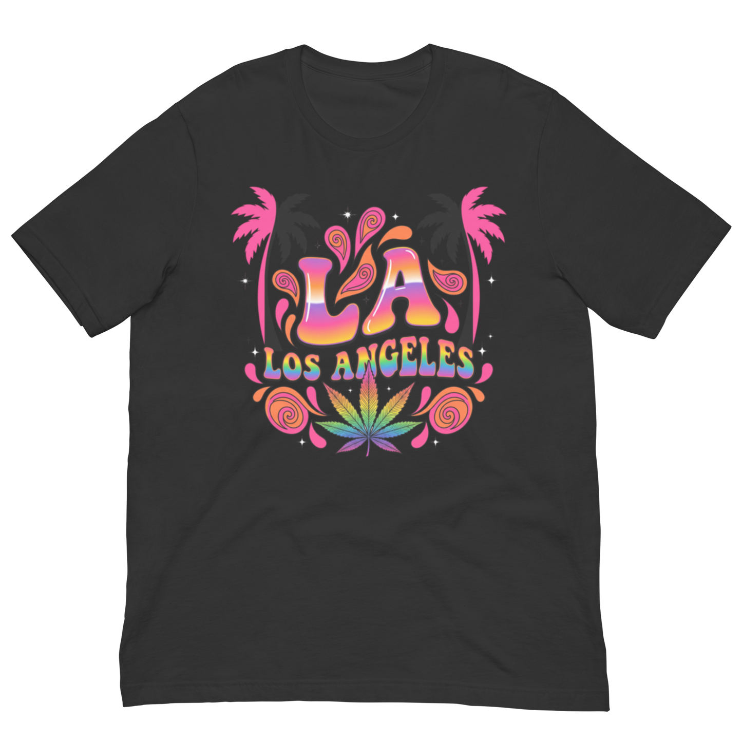 A dark charcoal gray short-sleeve t-shirt with a colorful retro graphic on the chest featuring the text 'LA LOS ANGELES' in a rainbow gradient, flanked by pink palm trees and a rainbow-striped cannabis leaf at the bottom.