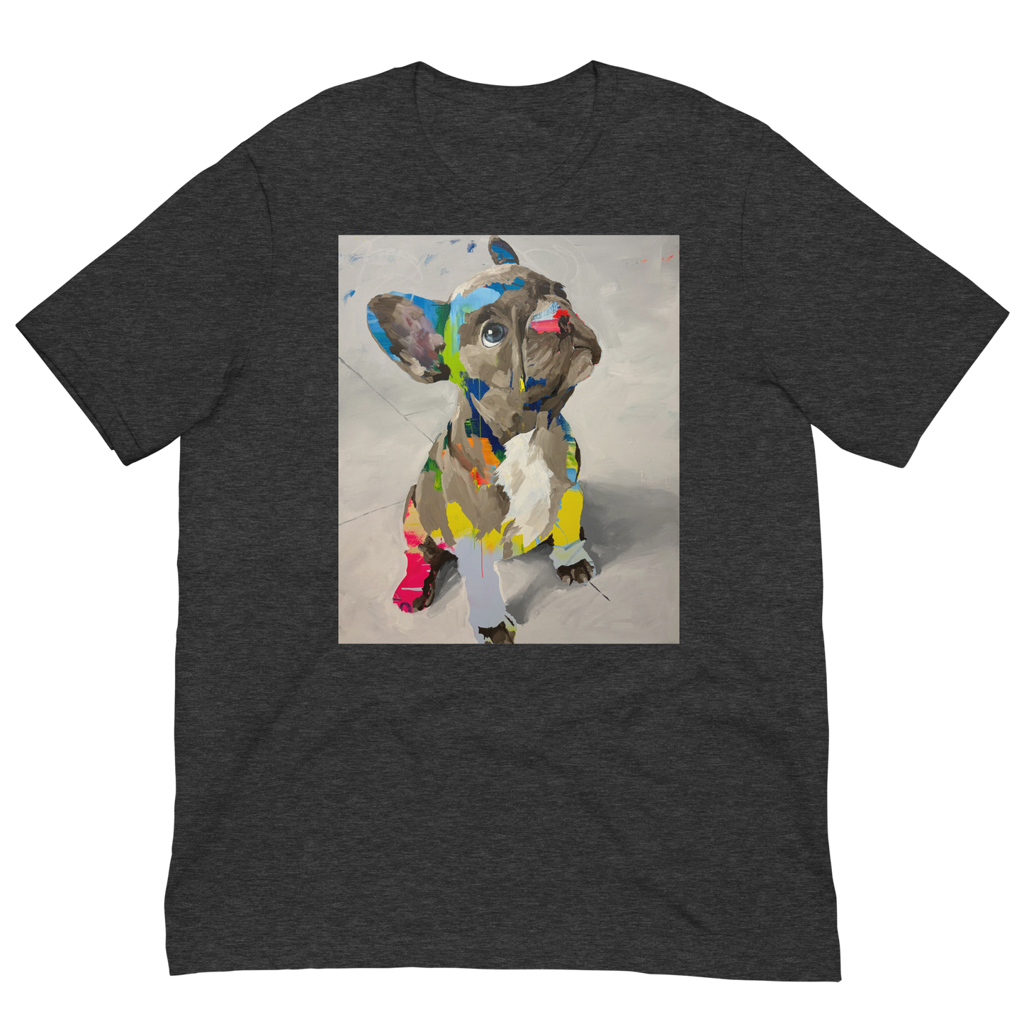 A heather grey short-sleeve crewneck t-shirt featuring a square graphic print of a colorful, abstractly painted French Bulldog on the front, displayed against a solid white background. Daniel Maltzman artist. 