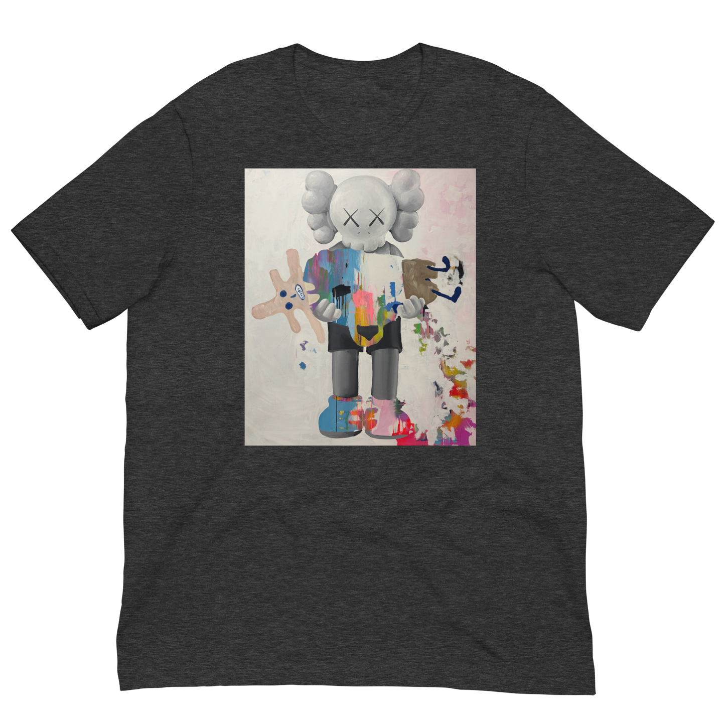 A dark heather gray short-sleeve t-shirt featuring a large square graphic print of a stylized cartoon character resembling KAWS, holding a pink bunny, on a plain white background. Daniel Maltzman artist. 