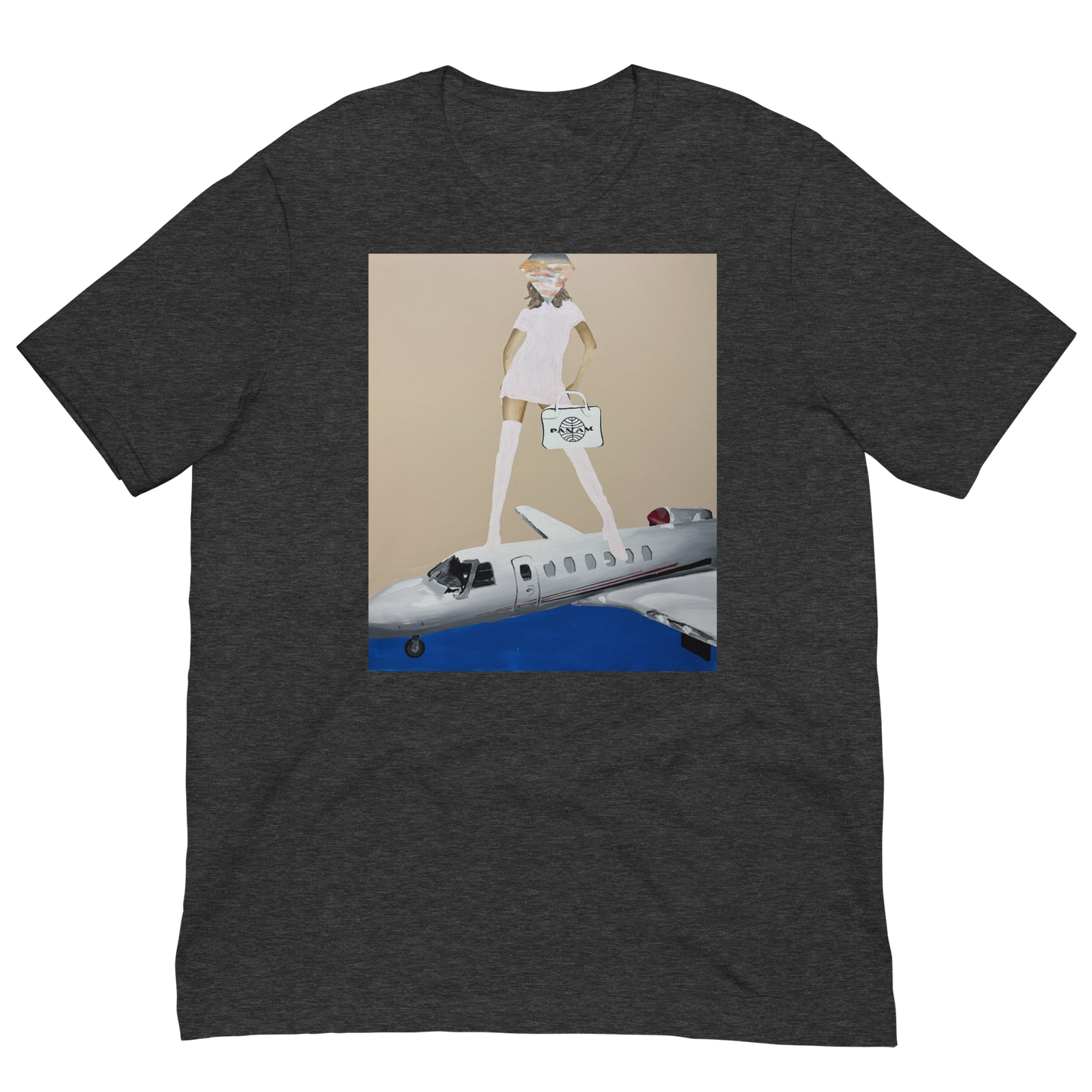A dark heather gray t-shirt with a rectangular graphic print on the front. The graphic shows a cartoon-style illustration of a woman in a white dress and hat walking on top of a white airplane against a beige background with blue at the bottom. Daniel Maltzman artist.