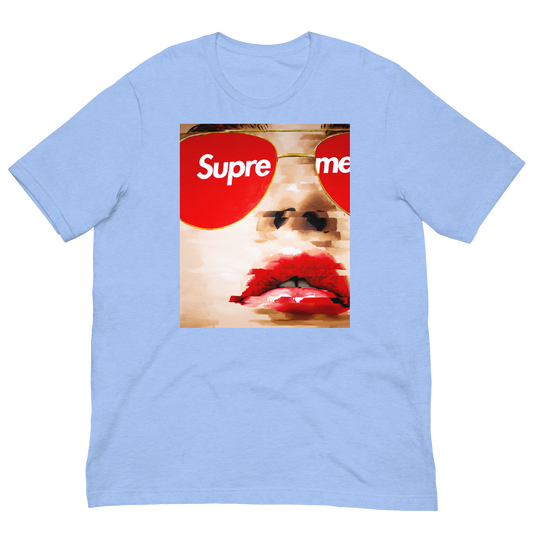 Light blue t-shirt with a graphic of a face wearing sunglasses and red lipstick, featuring the 'Supreme' logo. Daniel Maltzman artist.