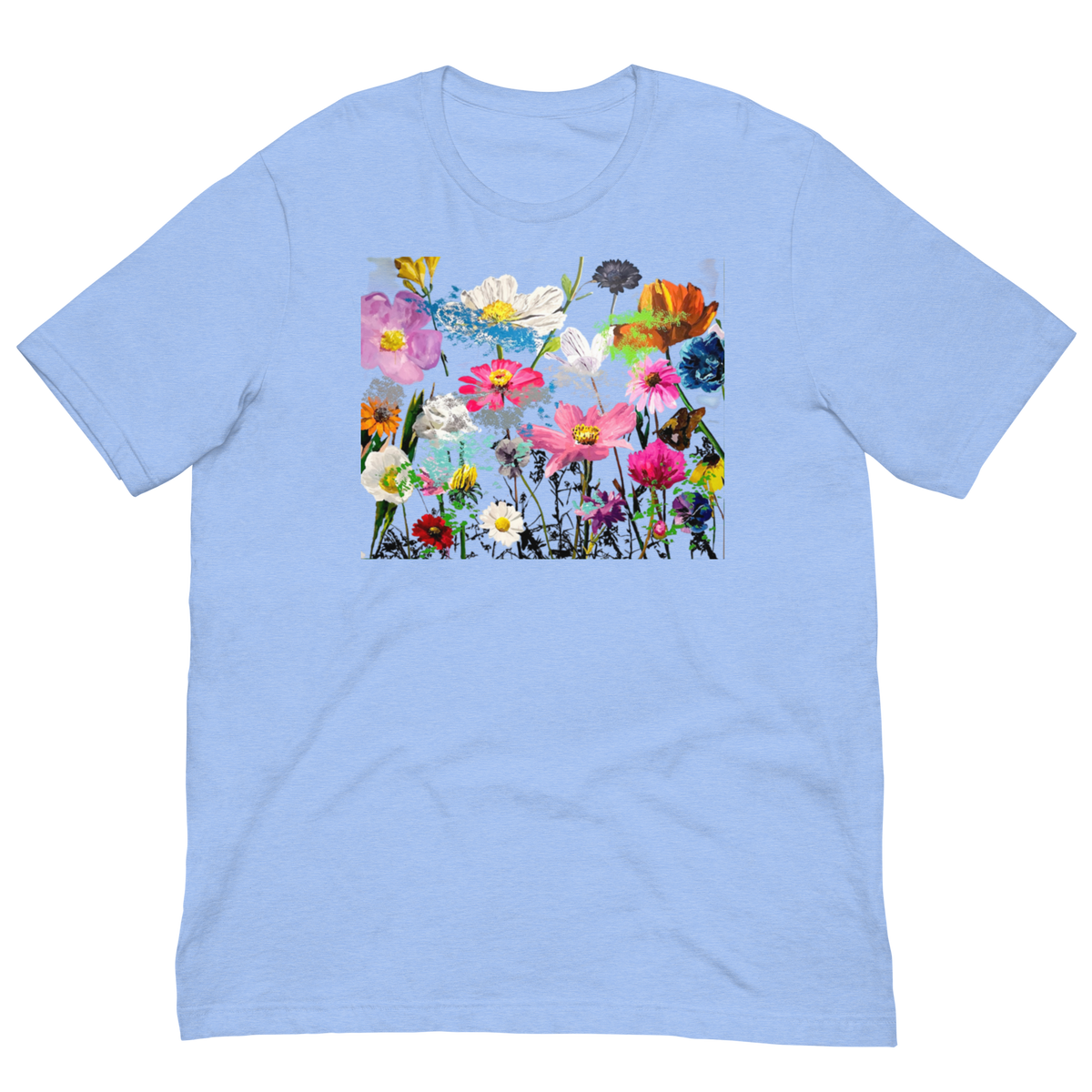 Light blue t-shirt with a colorful floral design. Daniel Maltzman artist.