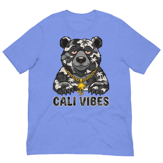 A heathered periwinkle blue short-sleeve t-shirt featuring a graphic of a black and white camo bear wearing a gold chain with a Bitcoin pendant, above the text 'CALI VIBES'.