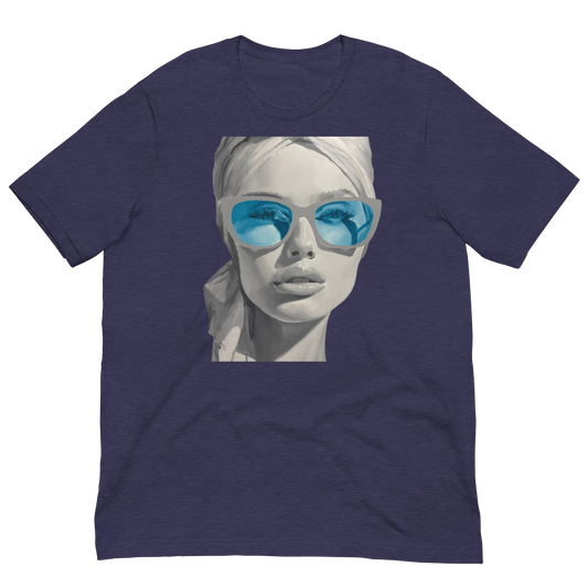 A heather navy blue short-sleeve t-shirt featuring a stylized graphic print of a woman's face wearing light blue reflective sunglasses, Daniel Maltzman artist.