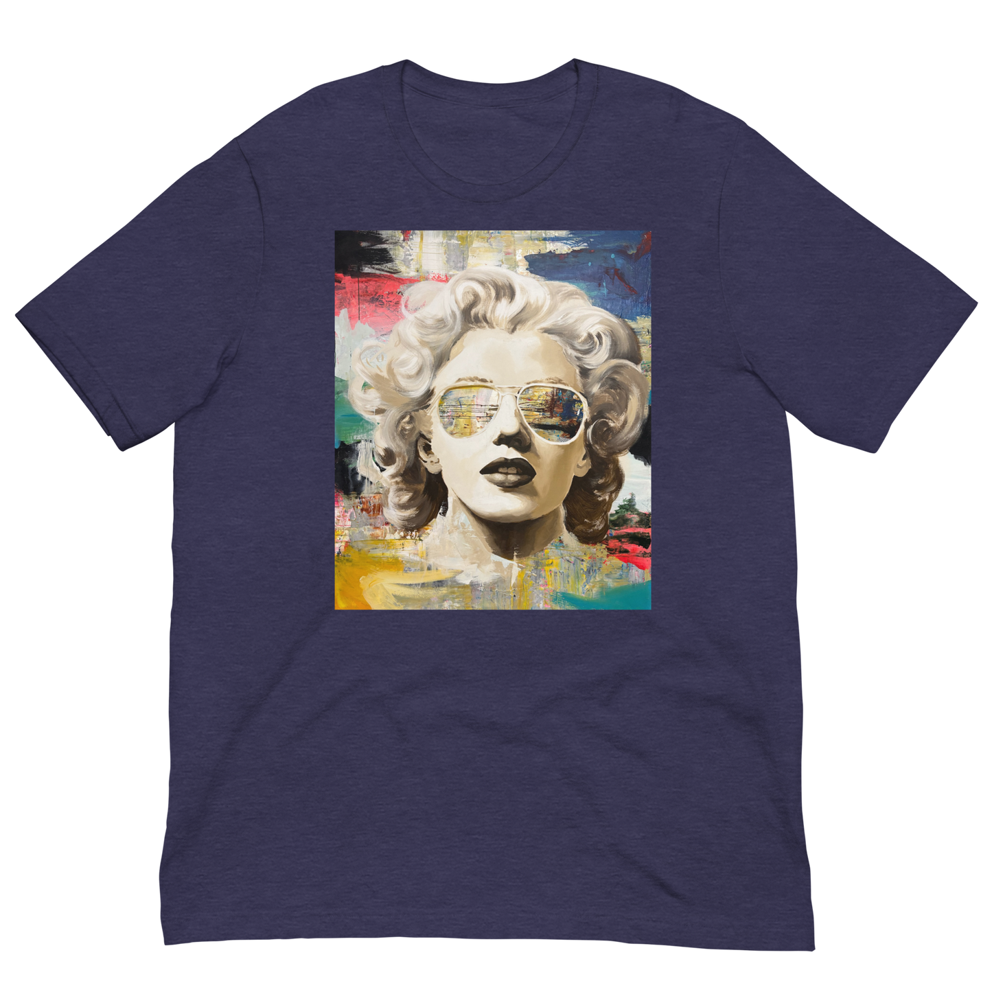 A navy blue heather crewneck t-shirt featuring a colorful graphic print of Marilyn Monroe in aviator sunglasses on the front, displayed against a solid white background. Daniel Maltzman artist. 