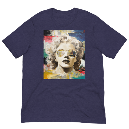 A navy blue heather crewneck t-shirt featuring a colorful graphic print of Marilyn Monroe in aviator sunglasses on the front, displayed against a solid white background. Daniel Maltzman artist. 