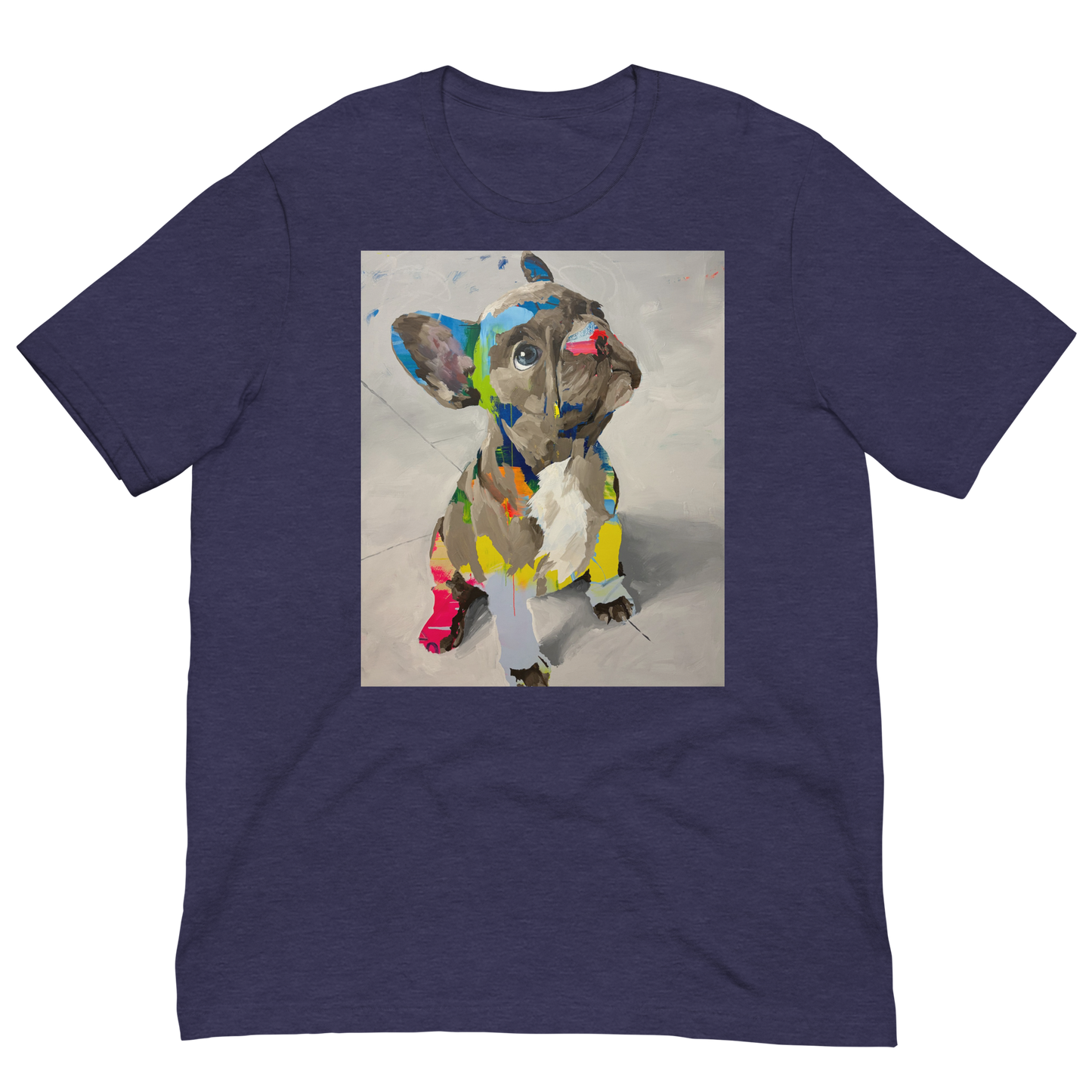 A navy blue short-sleeve crewneck t-shirt featuring a square graphic print of a colorful, abstractly painted French Bulldog on the front, displayed against a solid white background. Daniel Maltzman artist. 