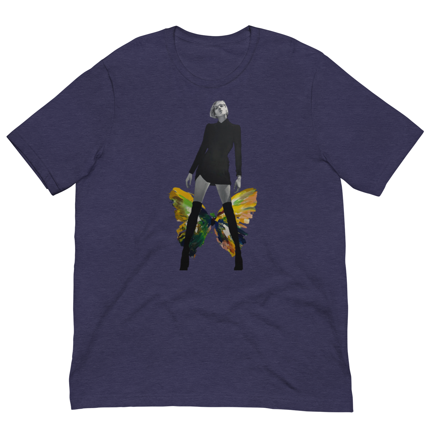 A heather navy blue short-sleeve t-shirt with a graphic print of a figure wearing a black outfit and tall black boots, with colorful butterfly wings in yellow, green, and orange. Daniel Maltzman artist.