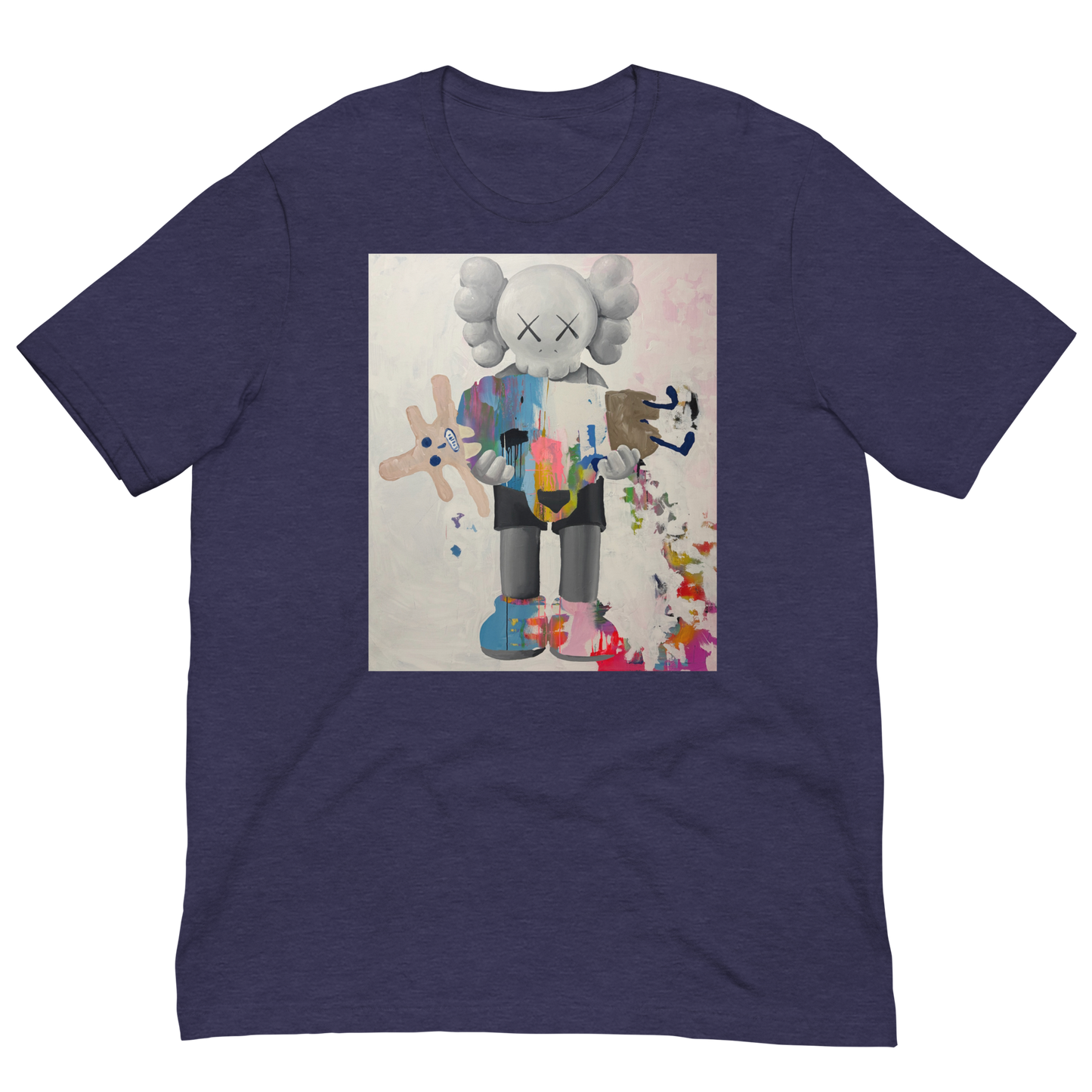 A navy blue heathered short-sleeve t-shirt featuring a large rectangular graphic print on the chest. The graphic shows a stylized cartoon character with a white head, black arms, and colorful paint splatters in blue, pink, yellow, and brown. Daniel Maltzman artist. 