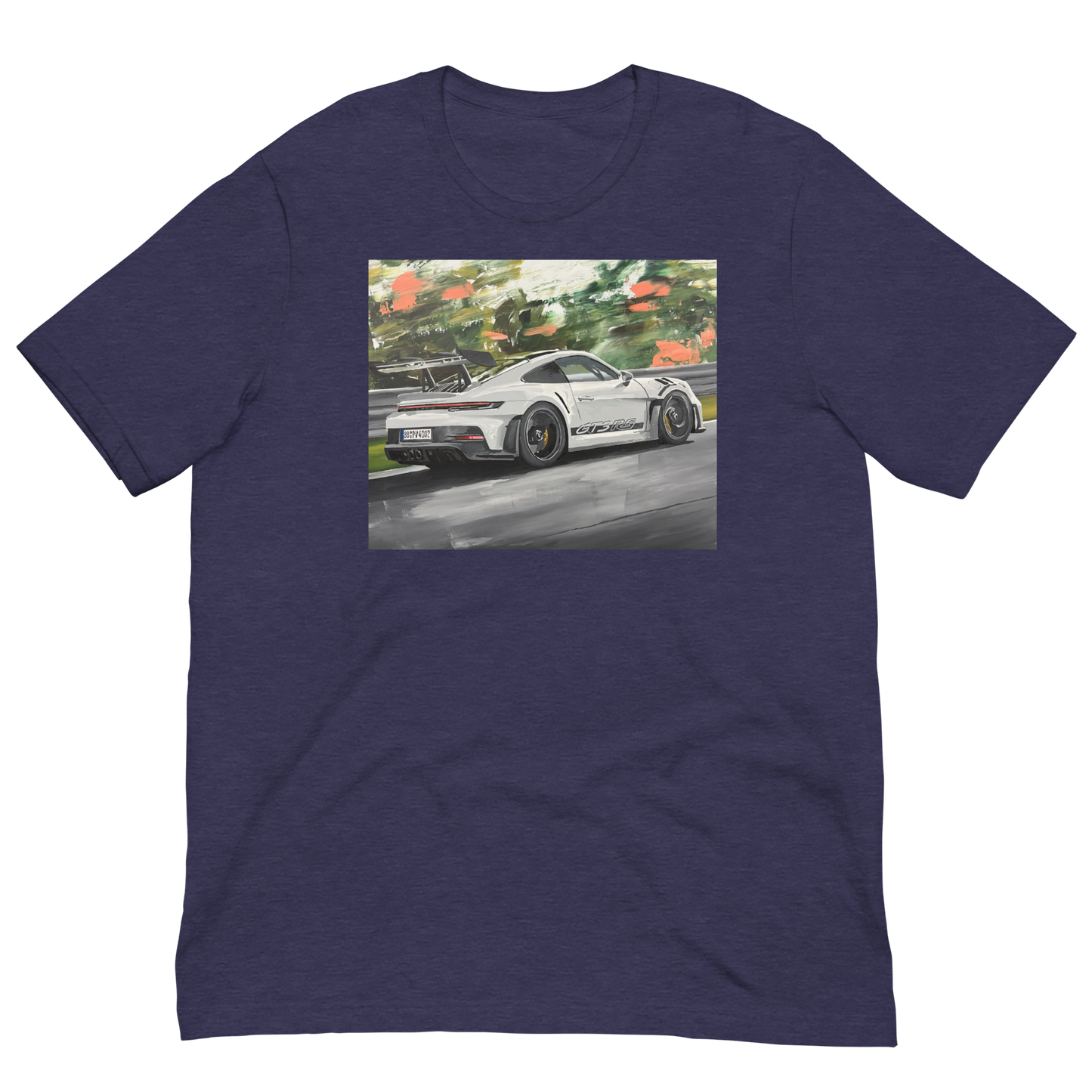 A navy blue heather short-sleeve t-shirt with a rectangular graphic print on the chest showing a white sports car on a racetrack. Daniel Maltzman original desgn.