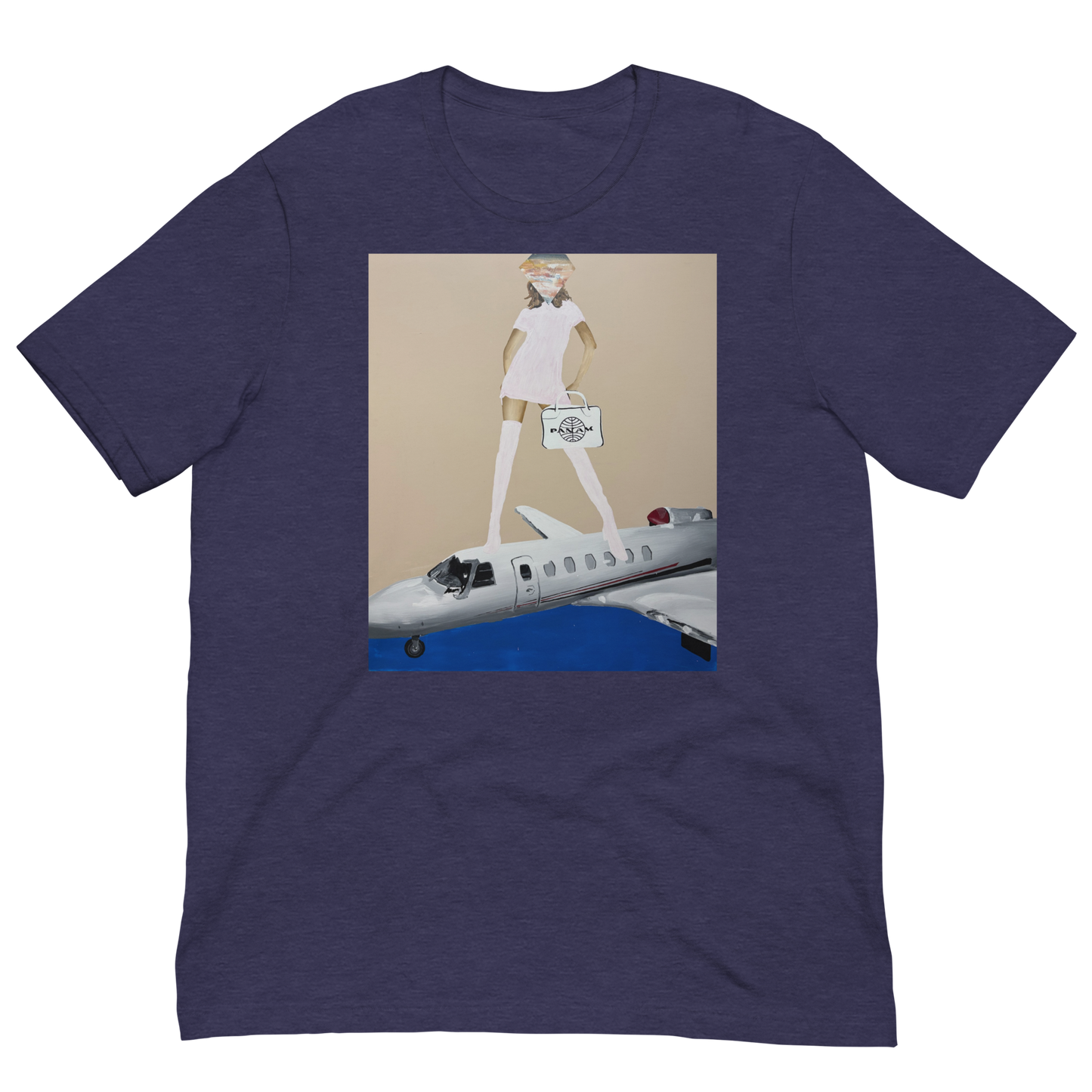 A navy blue heather short-sleeve t-shirt with a rectangular graphic print on the chest. The graphic features a stylized illustration of a woman in a white uniform standing on a white and blue airplane against a beige background. Daniel Maltzman artist.
