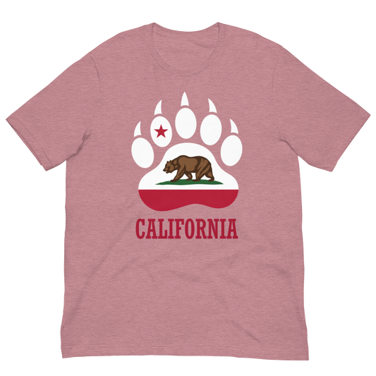 A heathered pink crewneck t-shirt featuring a California-themed graphic with a bear, paw print, and the word 'CALIFORNIA' printed in red.