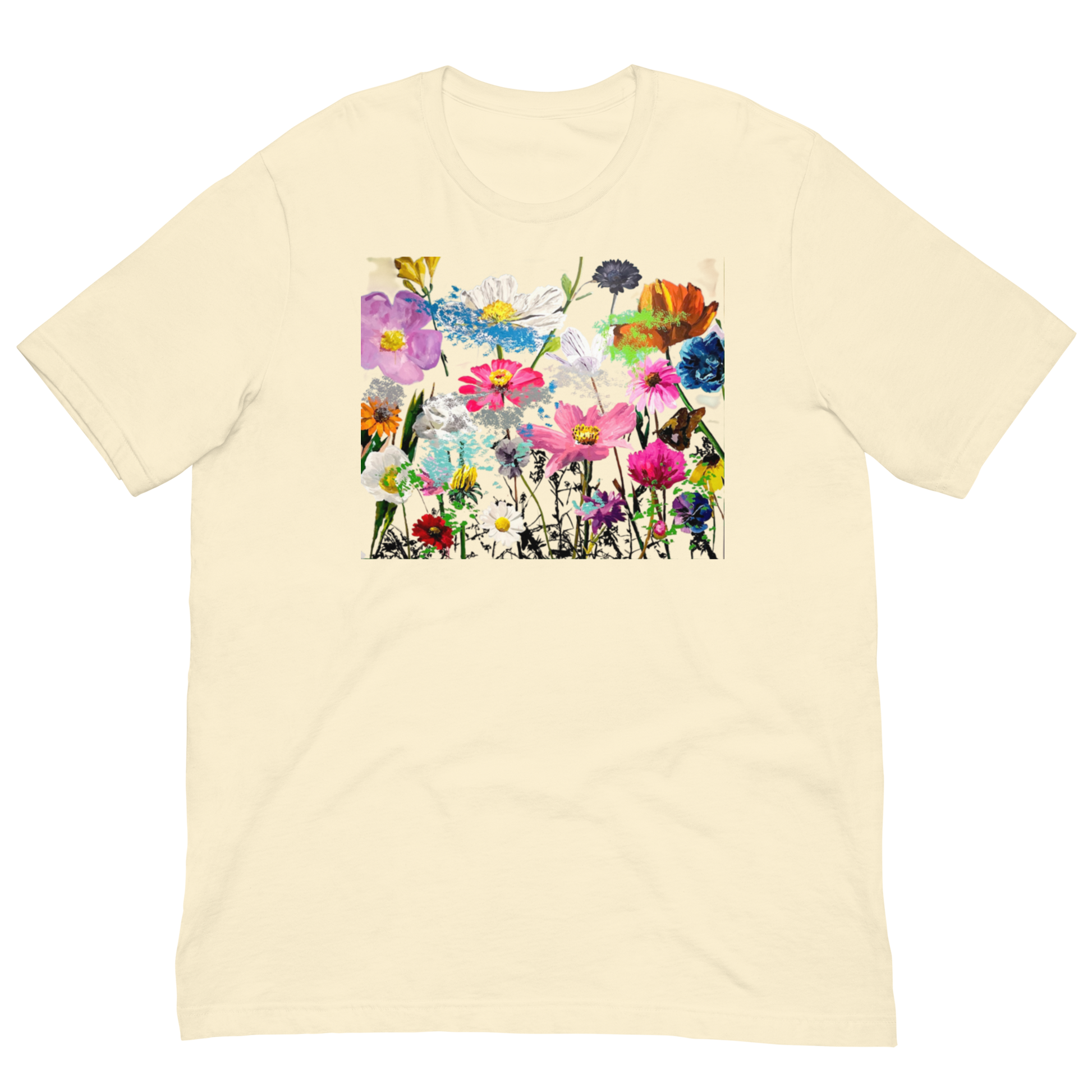 White t-shirt with colorful floral design. Daniel Maltzman artist.