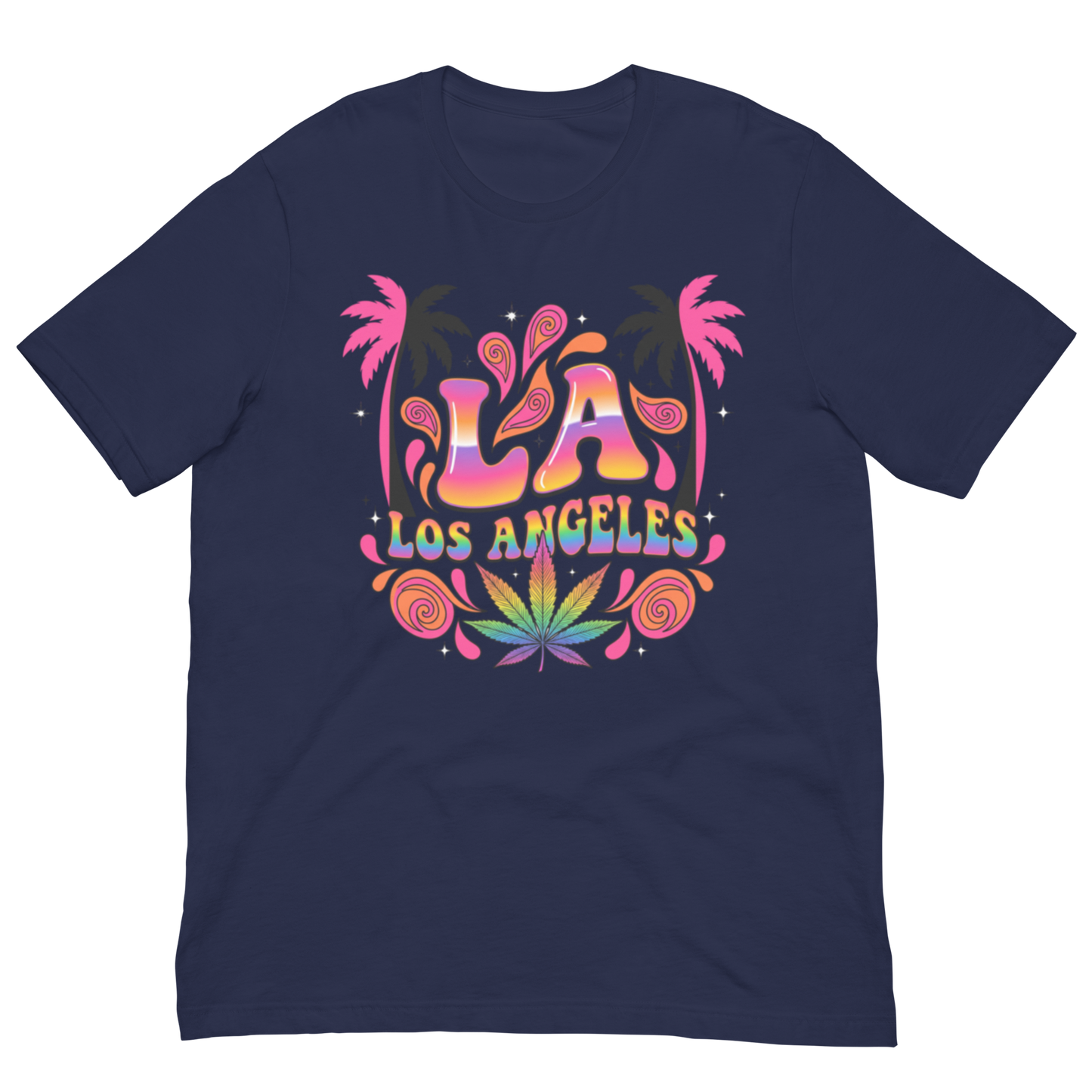 A navy blue short-sleeve t-shirt with a colorful retro graphic on the chest featuring the text 'LA LOS ANGELES' in a rainbow gradient, flanked by pink palm trees and a green cannabis leaf design.