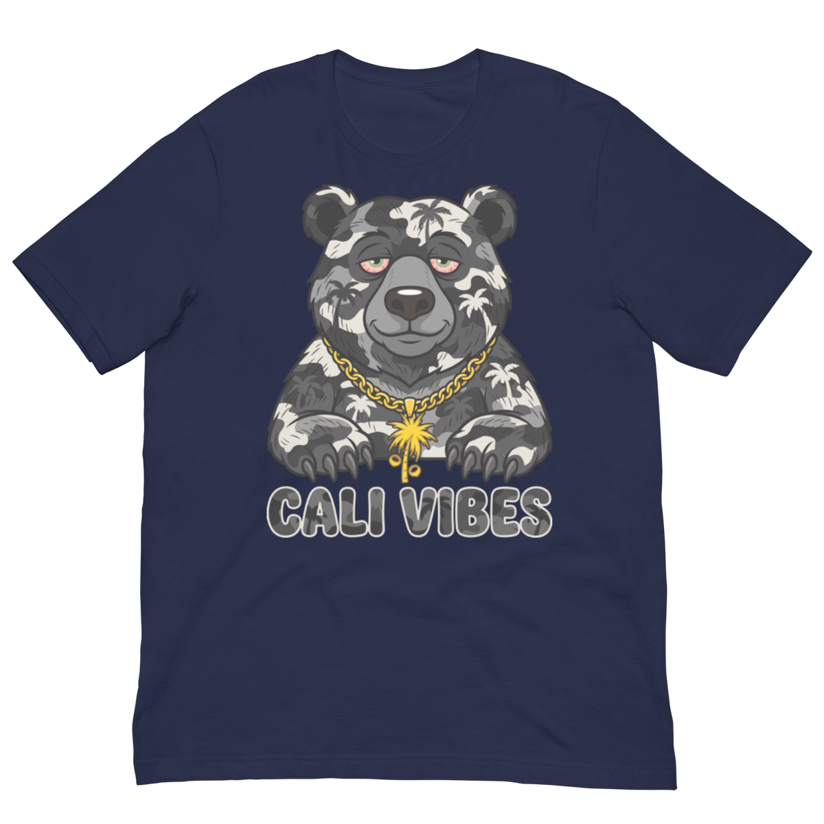 A navy blue short-sleeve t-shirt with a graphic of a stylized bear wearing a gold chain and the text 'CALI VIBES' printed below it.