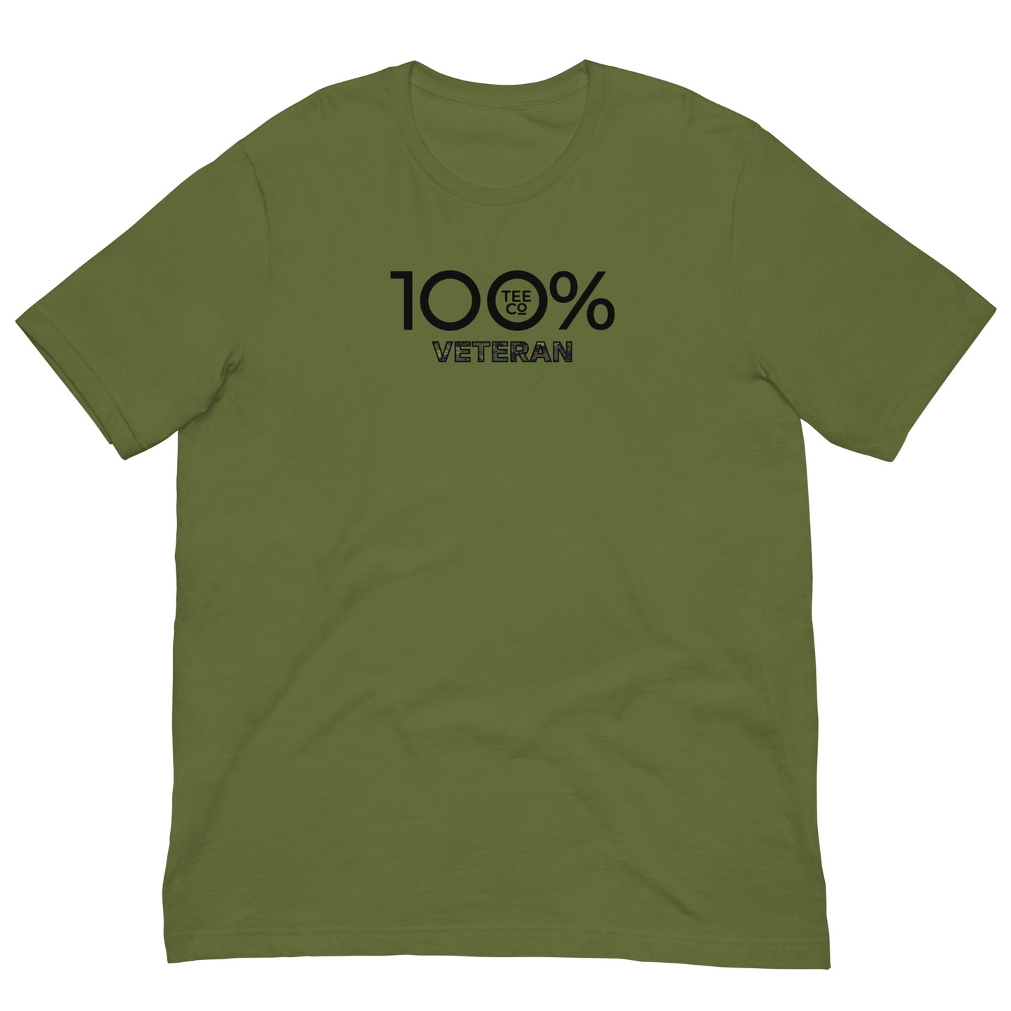 Green t-shirt with '100% Veteran' text on a white background