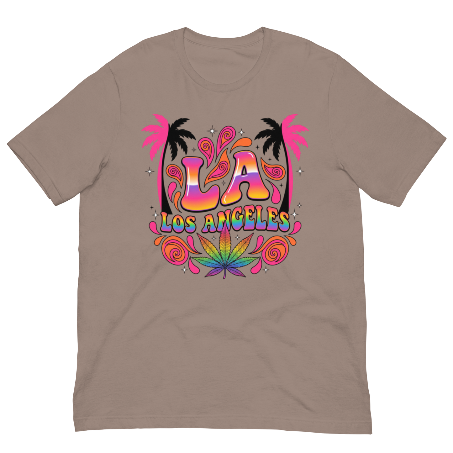 A taupe brown short-sleeve t-shirt with a colorful graphic on the chest featuring the text 'LA LOS ANGELES' in a rainbow gradient, flanked by black palm trees, pink palm leaves, and a rainbow-striped cannabis leaf at the bottom.