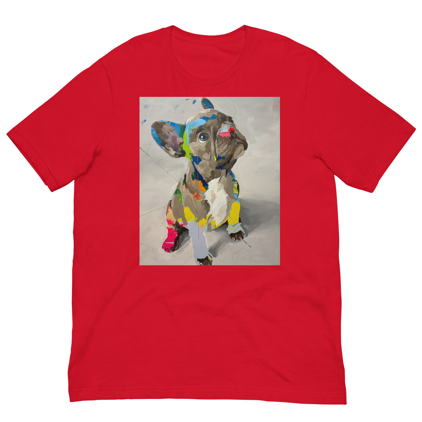 A red short-sleeve crewneck t-shirt featuring a square graphic print of a colorful, abstractly painted French Bulldog on the front, displayed against a solid white background. Daniel Maltzman artist. 