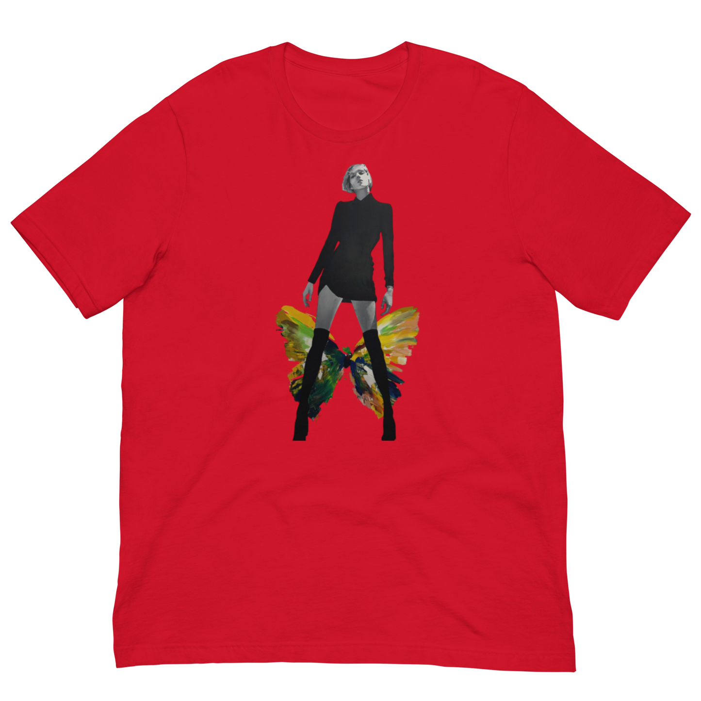 A red short-sleeve crewneck t-shirt featuring a central graphic print of a woman in a black outfit with a butterfly wing accessory, set against a plain white background. Daniel Maltzman artist.
