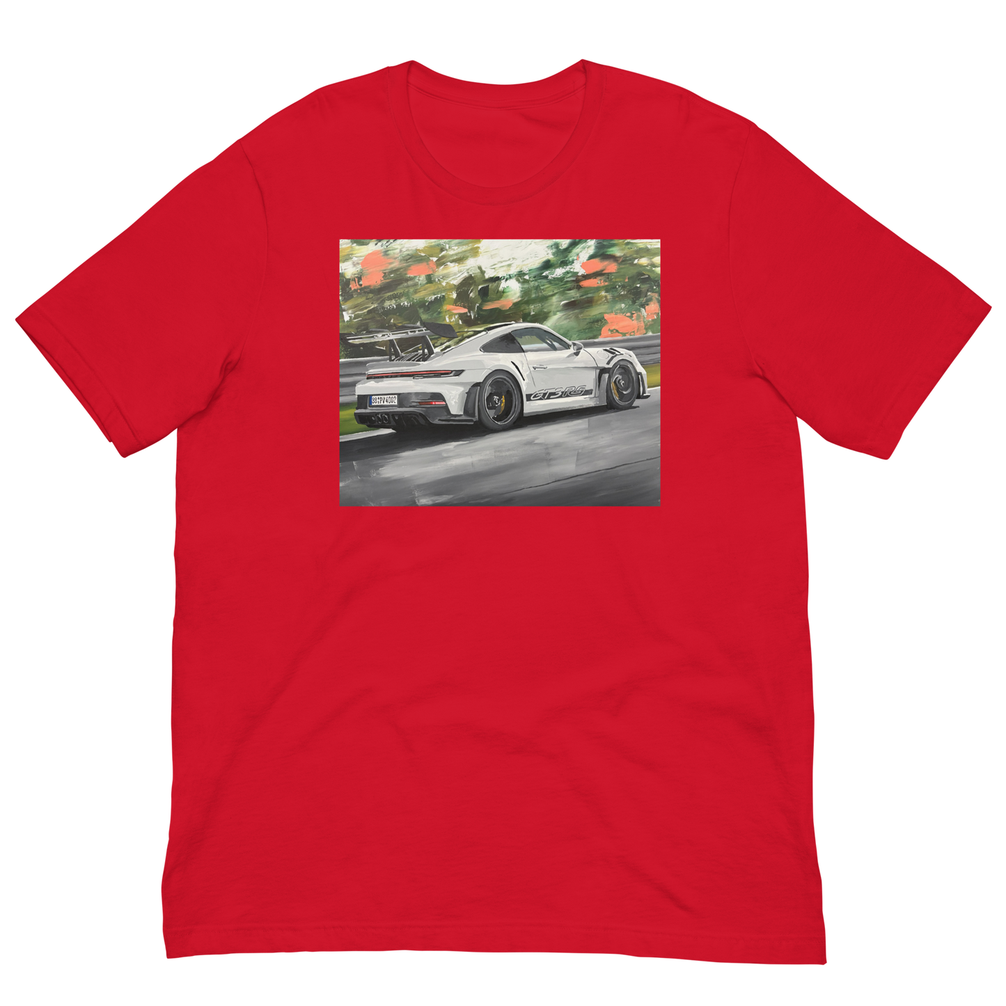 A red short-sleeve crewneck t-shirt featuring a rectangular graphic print on the chest of a white sports car depicted in a watercolor painting style. Daniel Maltzman original desgn.
