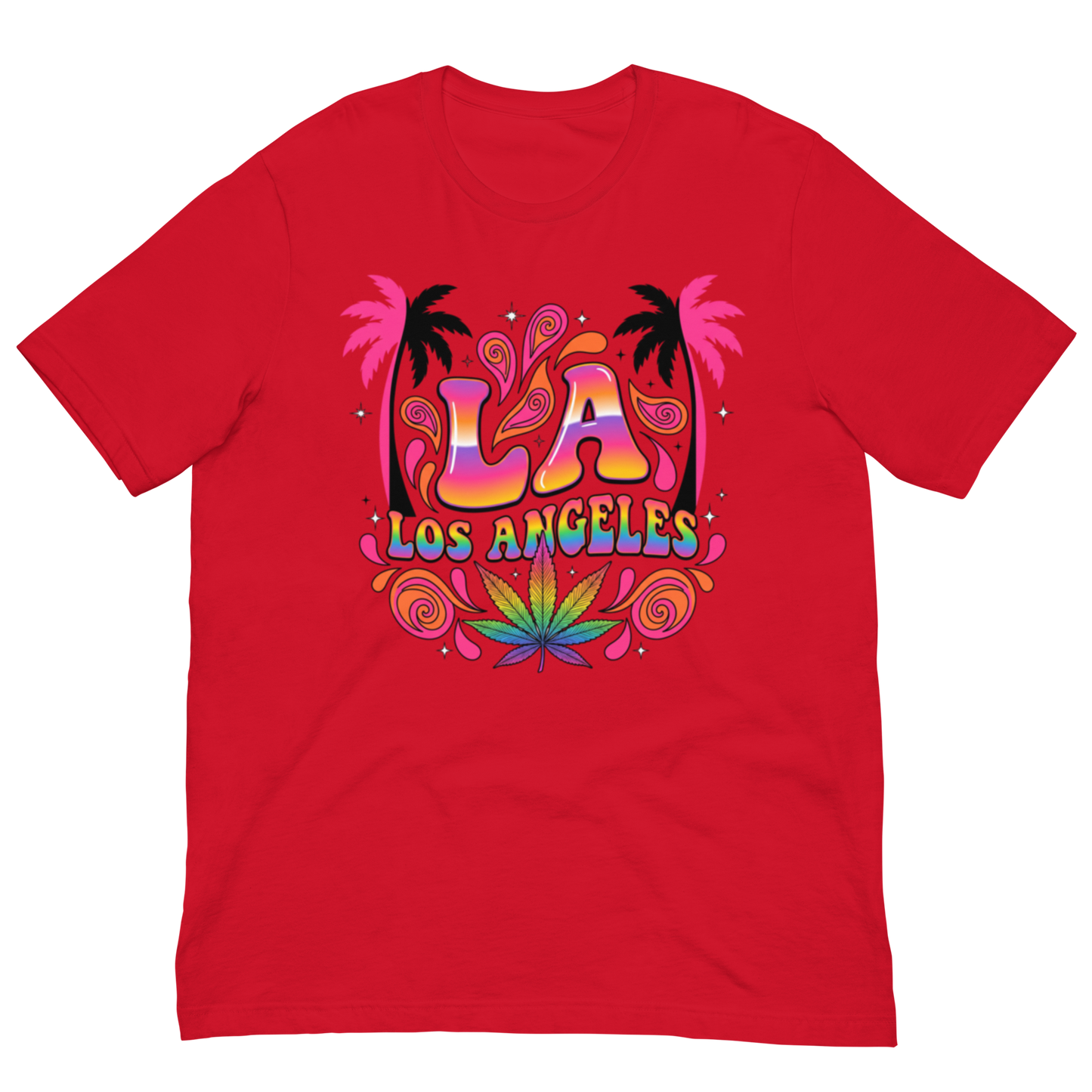 A red short-sleeve crewneck t-shirt featuring a colorful retro graphic on the chest with the text 'LA LOS ANGELES' in a rainbow gradient, flanked by pink palm trees and a green cannabis leaf at the bottom.