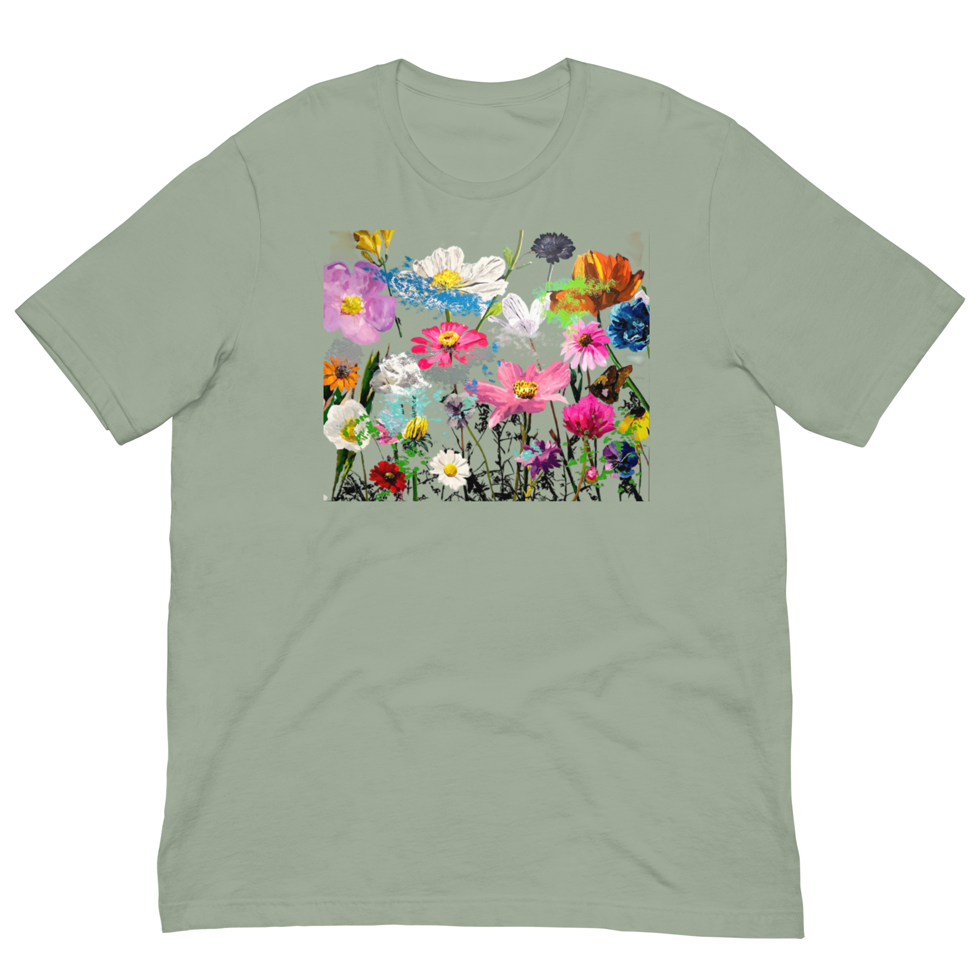Green t-shirt with colorful floral design. Daniel Maltzman artist.