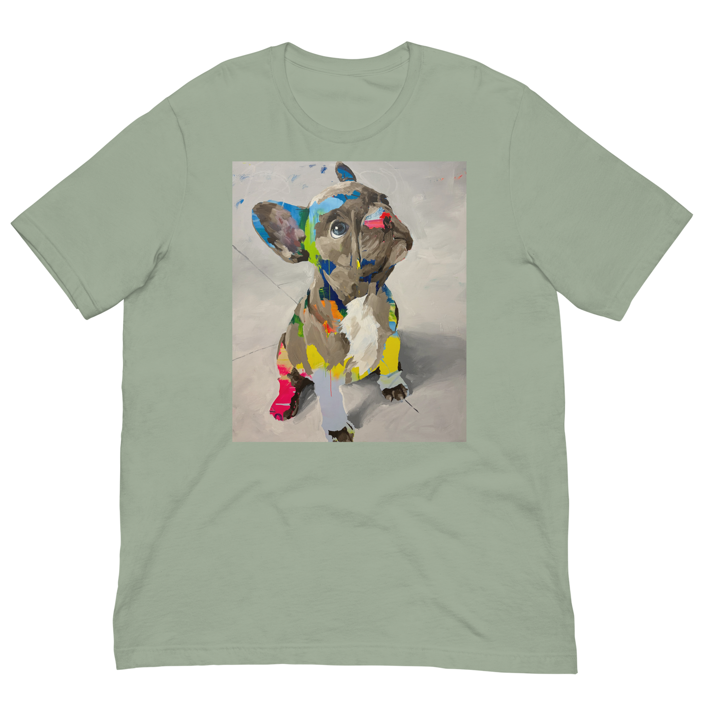A sage green short-sleeve crewneck t-shirt featuring a square graphic print of a colorful, abstractly painted French Bulldog on the front, displayed against a solid white background. Daniel Maltzman artist. 