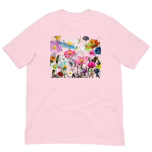 Pink t-shirt with a colorful floral design. Daniel Maltzman artist.