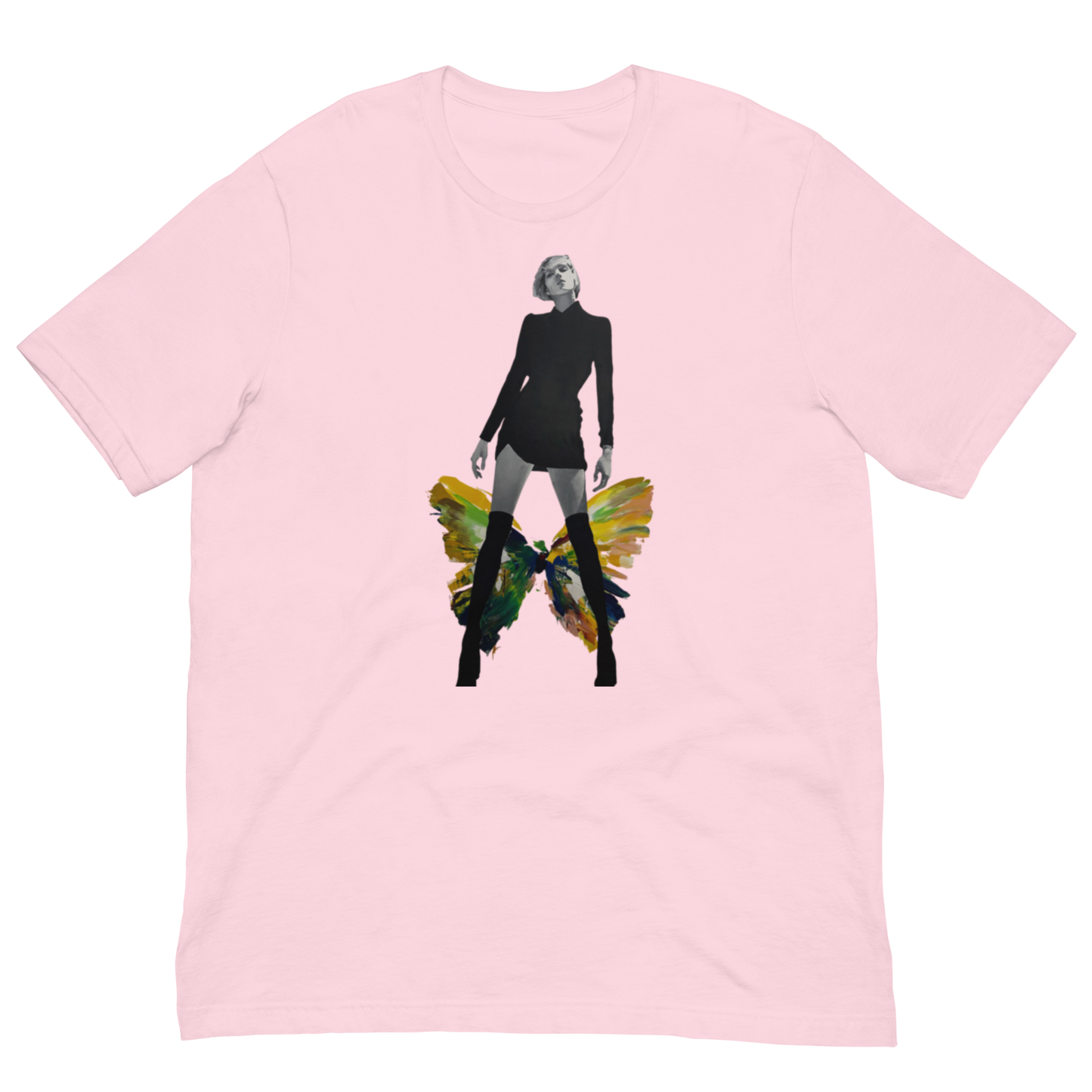 A light pink short-sleeve crewneck t-shirt featuring a central graphic print of a woman in a black outfit with a butterfly wing design in green, yellow, and orange. Daniel Maltzman artist.