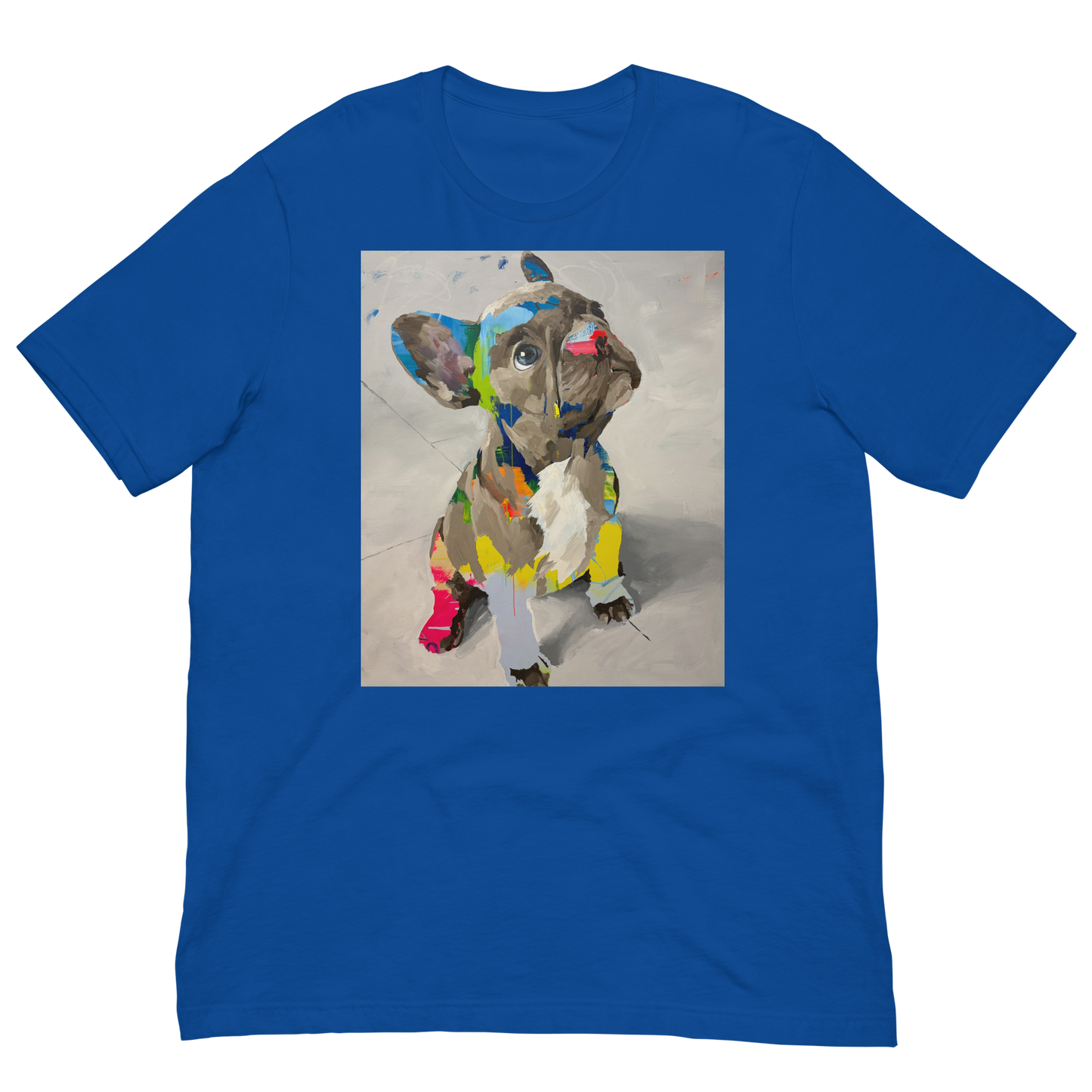 A royal blue short-sleeve crewneck t-shirt featuring a square graphic print of a colorful, watercolor-style dog on the chest, displayed against a solid white background. French Bulldog on the front, displayed against a solid white background. Daniel Maltzman artist. 