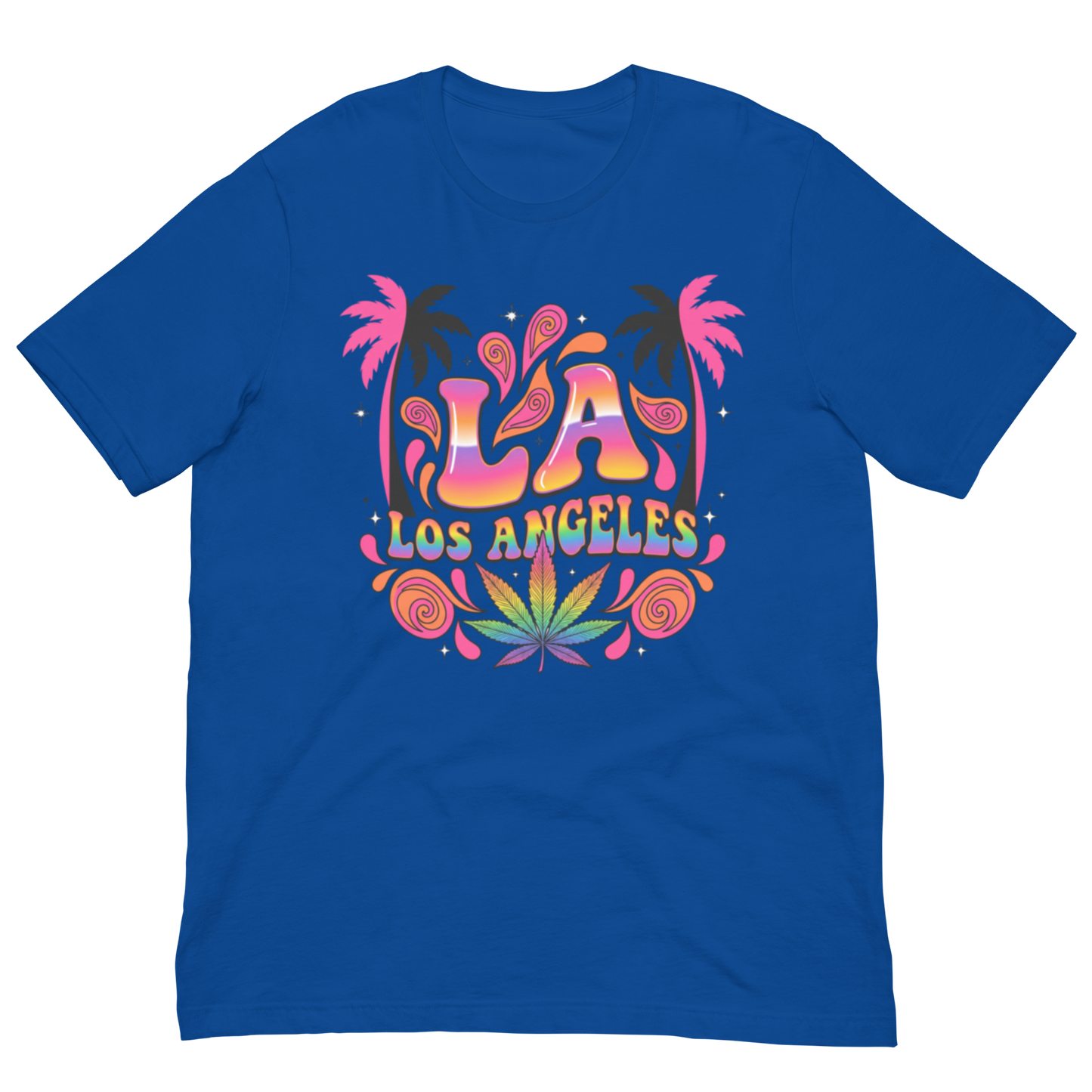 A royal blue short-sleeve t-shirt with a colorful retro graphic on the chest featuring the text 'LA LOS ANGELES' in a psychedelic gradient, flanked by pink palm trees and a green cannabis leaf at the bottom.