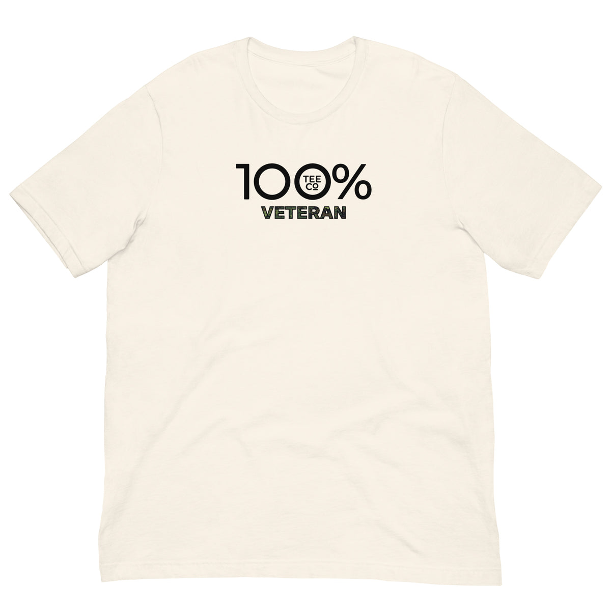 Beige t-shirt with '100% Veteran' text on a white background