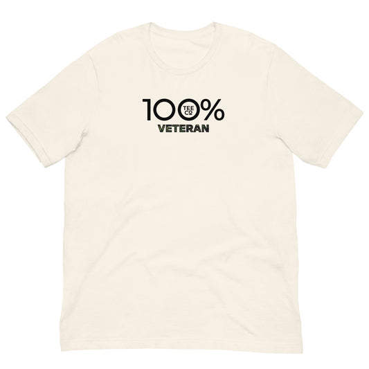 Beige t-shirt with '100% Veteran' text on a white background