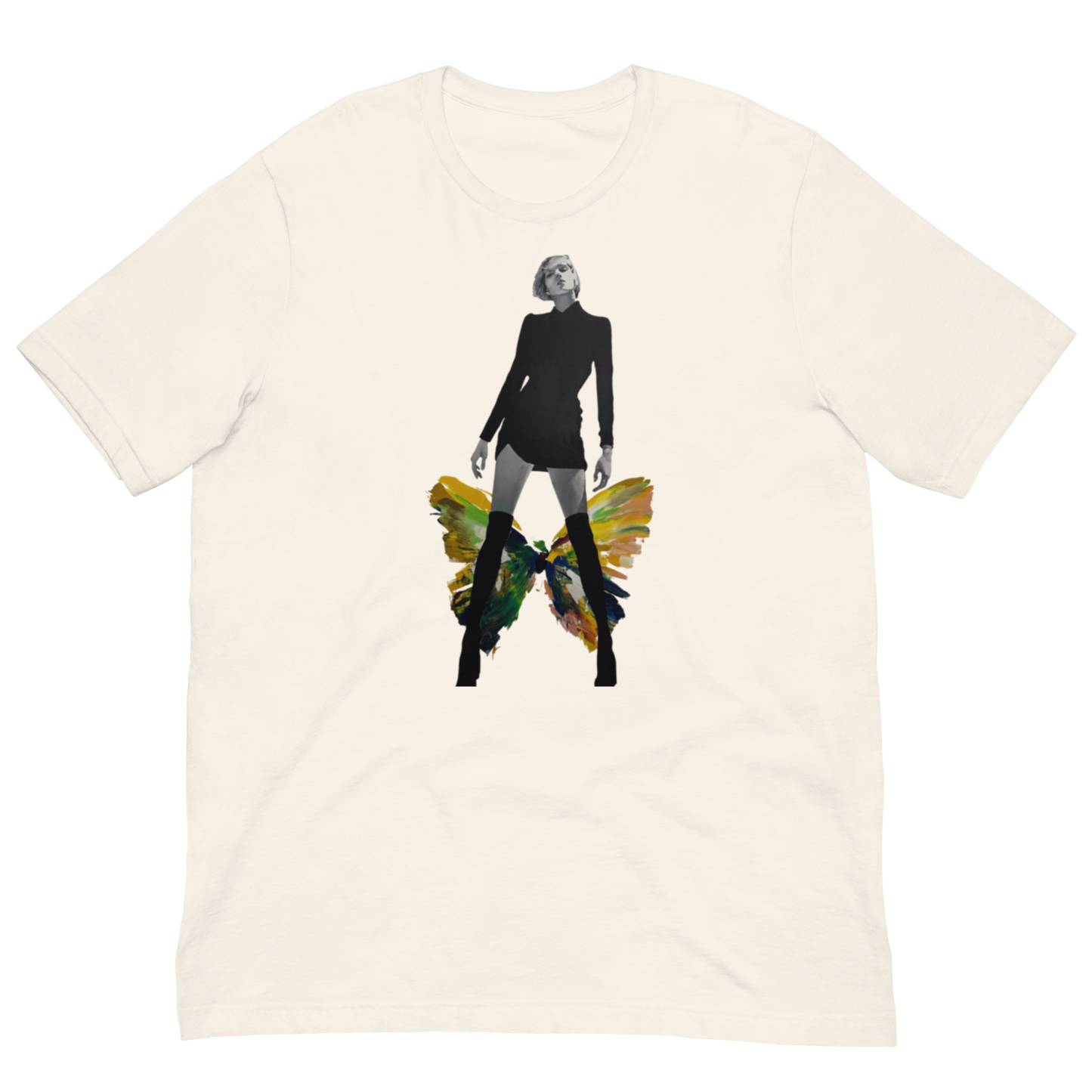 An off-white short-sleeve crewneck t-shirt featuring a graphic print of a woman with a skull-like head and a colorful butterfly on her legs. Daniel Maltzman artist.